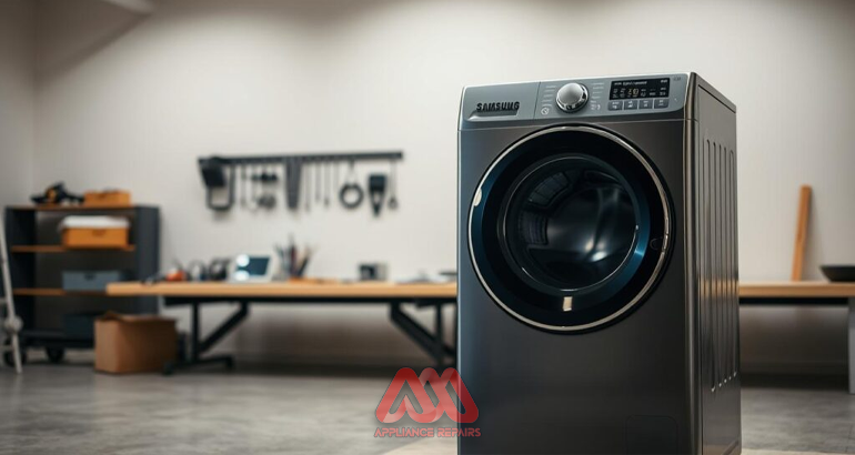 Technician repairing a Samsung washing machine in Harare.